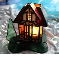 Tiffany vitrážový svietnik, anglický domček, miniatúrny domček, atmosferická dekorácia