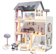 Drevený domček pre bábiky s LED svetlami a nábytkom sivý 78 cm