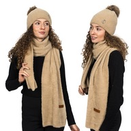 Béžová súprava klobúkov, dámsky šál ALPACA, klobúk s brmbolcom, dlhý šál