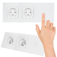 Dvojitá biela elektrická zásuvka, sklenený panel + dotykový spínač LED Dvojitá biela elektrická zásuvka, sklenený panel + dotykový spínač LED