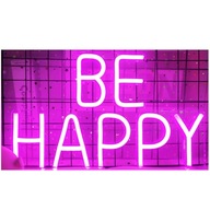 Neónový nápis BE HAPPY, ružový, veľký, farebný, na stenu Neónový nápis BE HAPPY, ružový, veľký, farebný, na stenu