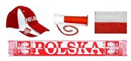 Súprava fanúšikov poľského národného tímu, klobúk, šál, trúbka, vlajka Súprava fanúšikov poľského národného tímu, klobúk, šál, trúbka, vlajka