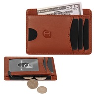 Kožená tenká peňaženka, priehľadné vrecko, hnedá