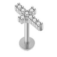 Náušnica krížik labret s kryštálmi, striebro 1,2/6 Náušnica krížik labret s kryštálmi, striebro 1,2/6