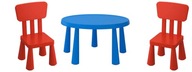 IKEA MAMMUT Stôl modrý Stoličky červené 2ks