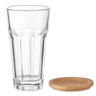 SKLO 300ml S viečkom A BAMBUSOVÝM STOJANOM, vysoké sklo