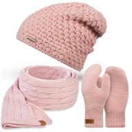 Ružová zateplená čiapka, dámsky šál, rukavice 3v1
