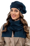 BERET s brmbolcom a šatkou teplý set, námornícka modrá Vivisence 7036Kmpl