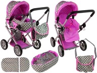 Kočík pre bábiky 2v1 Taška Grey Pink Stars Kočík pre bábiky 2v1 Taška Grey Pink Stars