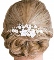 Zlatý hrebeň na svadbu, biela kvetinová dekorácia do vlasov