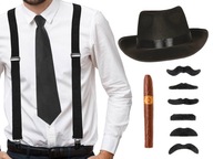 Retro gangsterská súprava z 20. rokov, klobúk, podväzky, čierna kravata, cigara, fúzy Retro gangsterská súprava z 20. rokov, klobúk, podväzky, čierna kravata, cigara, fúzy