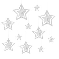 Závesná dekorácia 3D strieborné hviezdičky 11 ks
