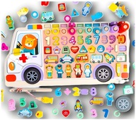 Drevené montessori puzzle Abacus Triedič Rybie Písmená Bus Set