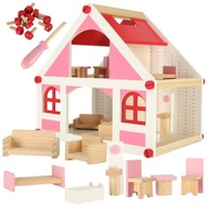 Biely a ružový drevený domček pre bábiky + nábytok