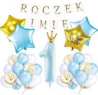Súprava ONE YEAR Banner NAME Balloons 1st Birthday Blue Stars BOY Súprava ONE YEAR Banner NAME Balloons 1st Birthday Blue Stars BOY