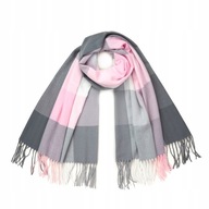 Dámsky kockovaný šál v ružovo sivej farbe so strapcami dlhý pletený šál