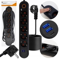 Protiprepäťová lišta Predlžovací kábel 5 m, 5 zásuviek USB-C + vypínač Protiprepäťová lišta Predlžovací kábel 5 m, 5 zásuviek USB-C + vypínač