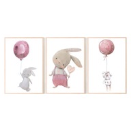 Sada 3 obrazov A4 plagátov ružových zajačikov