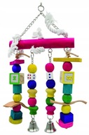 Drevená závesná hračka so šnúrkou, korálkami a zvončekom papagája, 22 cm
