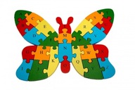 Drevené vzdelávacie puzzle čísla písmená motýľ Drevené vzdelávacie puzzle čísla písmená motýľ