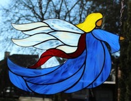 Vitrážový anjel Tiffany Kal, modrý, na zavesenie
