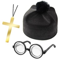Prestrojenie, biret, klobúk, náhrdelník, kríž, okuliare, kňazské atribúty Prestrojenie, biret, klobúk, náhrdelník, kríž, okuliare, kňazské atribúty