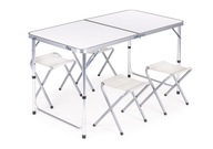 Turistický stôl, rozkladací stôl, sada 4 stoličiek, biela