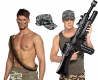 VOJENSKÝ KOSTÝM RAMBO Opasok VOJAKA S NÁBOJAMI KLOBÚK + NAFUKOVACÍ PUŠKA 110cm VOJENSKÝ KOSTÝM RAMBO Opasok VOJAKA S NÁBOJAMI KLOBÚK + NAFUKOVACÍ PUŠKA 110cm
