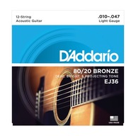 D'Addario EJ36 80/20 Bronze Acoustic 10-47 struny pre 12-strunovú gitaru D'Addario EJ36 80/20 Bronze Acoustic 10-47 struny pre 12-strunovú gitaru