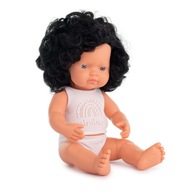 Európska bábika Miniland 38 cm s čiernymi kučeravými vlasmi