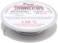 Spájkovací cín s nízkou teplotou topenia, 138°C. 0,70 mm. 25 g. Cynel Spájkovací cín s nízkou teplotou topenia, 138°C. 0,70 mm. 25 g. Cynel