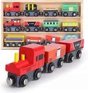 DREVENÝ ŽELEZNIČNÝ MAGNETICKÝ VLAK S AUTAMI 3 vlaky a 9 vagónov DREVENÝ ŽELEZNIČNÝ MAGNETICKÝ VLAK S AUTAMI 3 vlaky a 9 vagónov