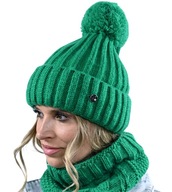 Módna hrubá dámska pletená zimná čiapka s brmbolcom, zelená