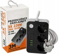 PREdlžovací NAPÁJACÍ PÁS 3 ZÁSUVKY + 3x USB + 2x USB TYP C 3m