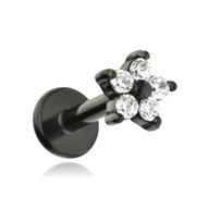 Náušnica Labret, čierny kvietok so zirkónmi helix lobe tragus 1,2/6 Náušnica Labret, čierny kvietok so zirkónmi helix lobe tragus 1,2/6