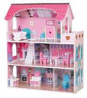 Veľký drevený domček pre bábiky 70cm ružové LED osvetlenie 3 poschodia + nábytok