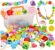 DREVENÉ BLOKOVÉ KORÁLKY NA NATÁŽKANIE V MONTESSORI KRABIČKE 106 prvkov DREVENÉ BLOKOVÉ KORÁLKY NA NATÁŽKANIE V MONTESSORI KRABIČKE 106 prvkov