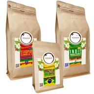 Sada kávových zŕn 1 kg Etiópia + 1 kg India + 200 g Brazília – čerstvo pražená