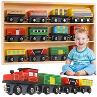 Veľký DREVENÝ VLÁČIK set 3x LOKOMOTÍVA + 9 AUTÍČK Magnetický vláčik Veľký DREVENÝ VLÁČIK set 3x LOKOMOTÍVA + 9 AUTÍČK Magnetický vláčik