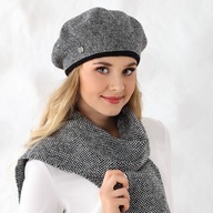 Set dámska baretka + šál.Čierny/ecru houndstooth Set dámska baretka + šál.Čierny/ecru houndstooth