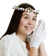 Biele hostie rukavice s riasením, ruža