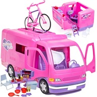 Veľký rozkladací karavan, domček pre bábiky, nábytok + bicykel