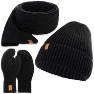 Teplý dámsky šál, čiapka, rukavice, čierna 3v1