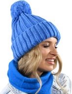 Poľská teplá dámska pletená čiapka, pruhovaný vzor, ​​brmbolec - modrá